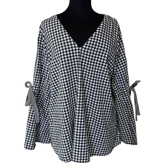 Ava & Viv Gingham V-neck Blouse w/Sleeve Ties Cotton Blend Women's Plus Size 1X - Picture 1 of 16